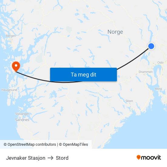 Jevnaker Stasjon to Stord map