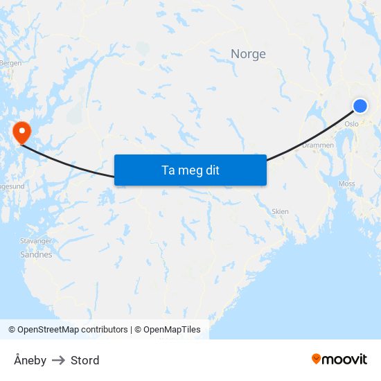 Åneby to Stord map