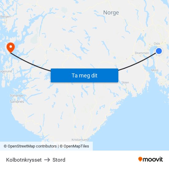 Kolbotnkrysset to Stord map