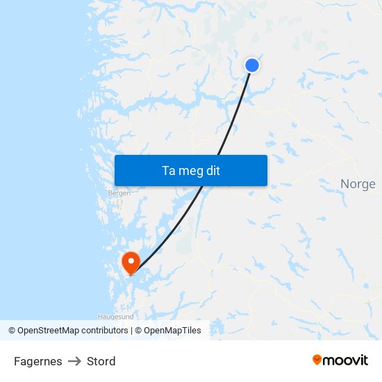 Fagernes to Stord map