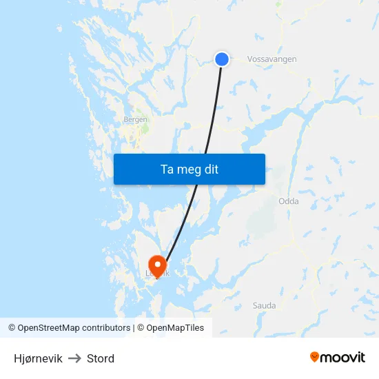 Hjørnevik to Stord map