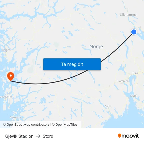 Gjøvik Stadion to Stord map
