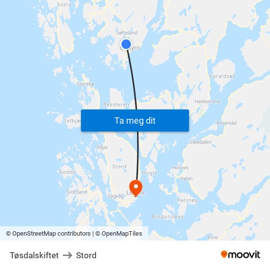 Tøsdalskiftet to Stord map