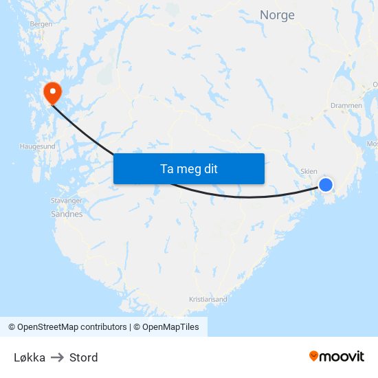 Løkka to Stord map