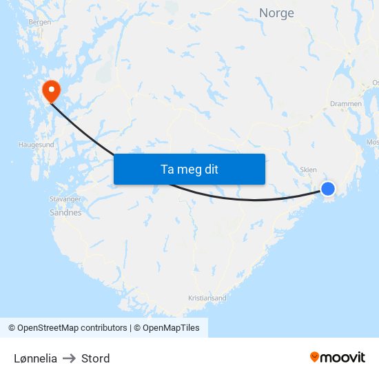 Lønnelia to Stord map