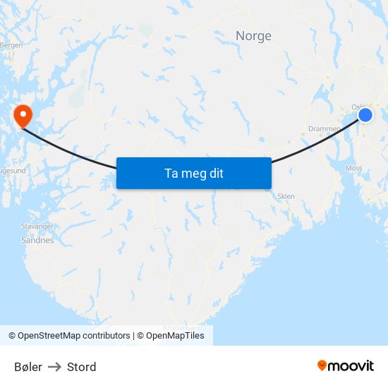 Bøler to Stord map