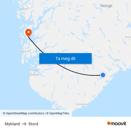 Mykland to Stord map