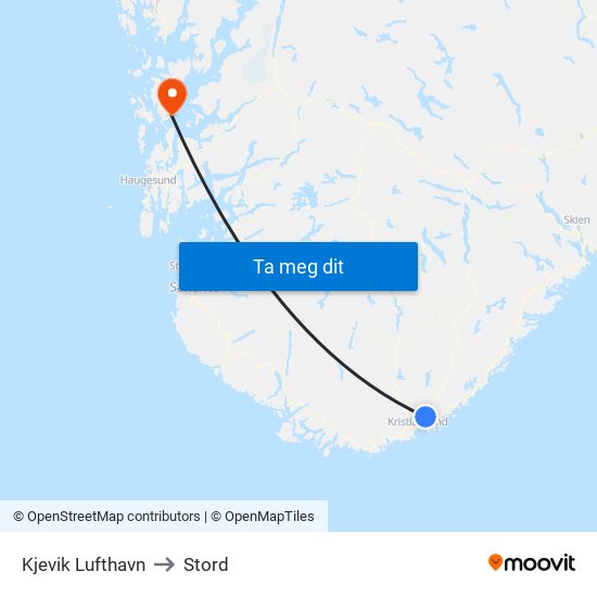 Kjevik Lufthavn to Stord map