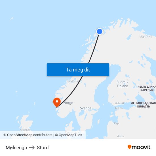 Mølnenga to Stord map