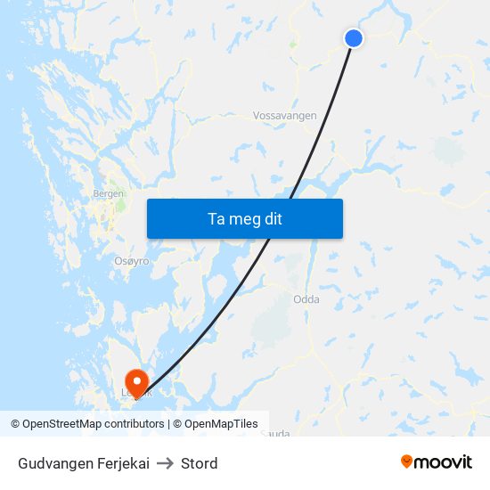 Gudvangen Ferjekai to Stord map