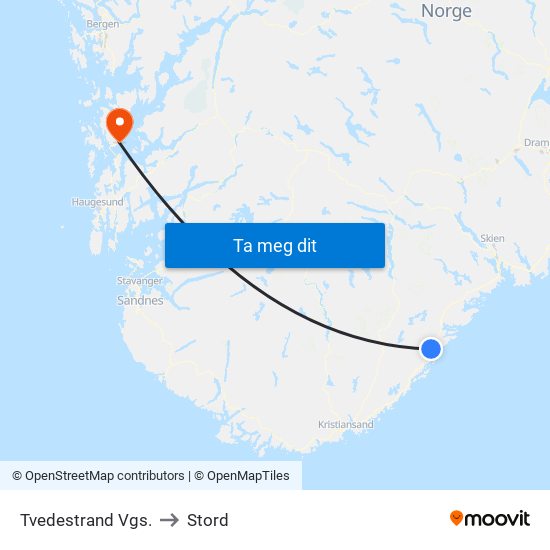 Tvedestrand Vgs. to Stord map