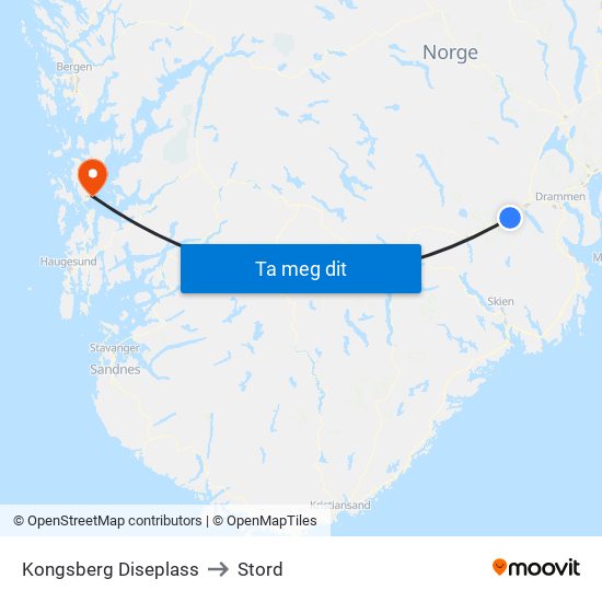 Kongsberg Diseplass to Stord map