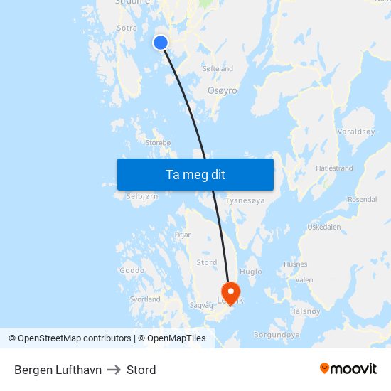 Bergen Lufthavn to Stord map