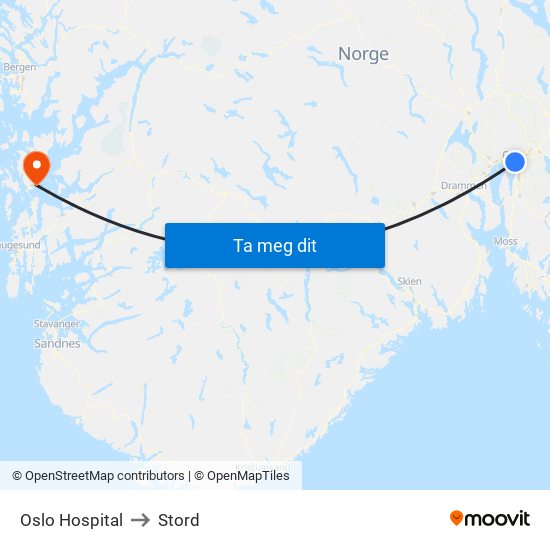 Oslo Hospital to Stord map