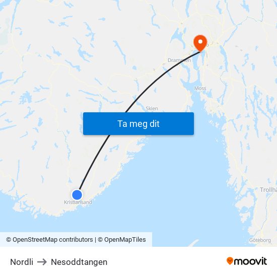 Nordli to Nesoddtangen map