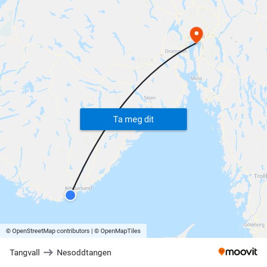 Tangvall to Nesoddtangen map