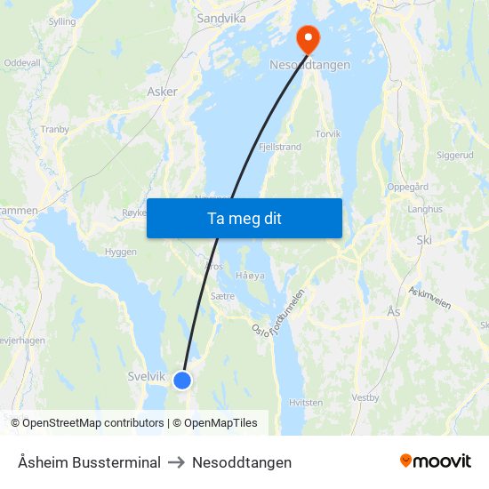 Åsheim Bussterminal to Nesoddtangen map