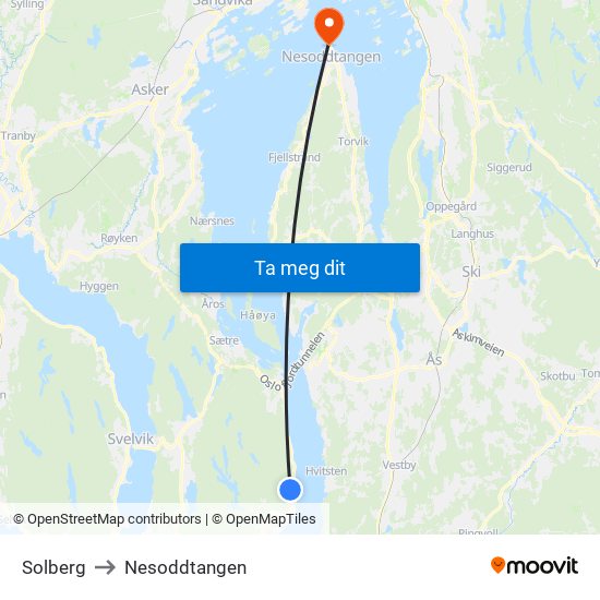 Solberg to Nesoddtangen map