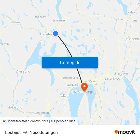 Lostajet to Nesoddtangen map