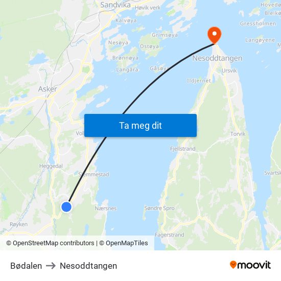 Bødalen to Nesoddtangen map