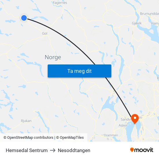 Hemsedal Sentrum to Nesoddtangen map