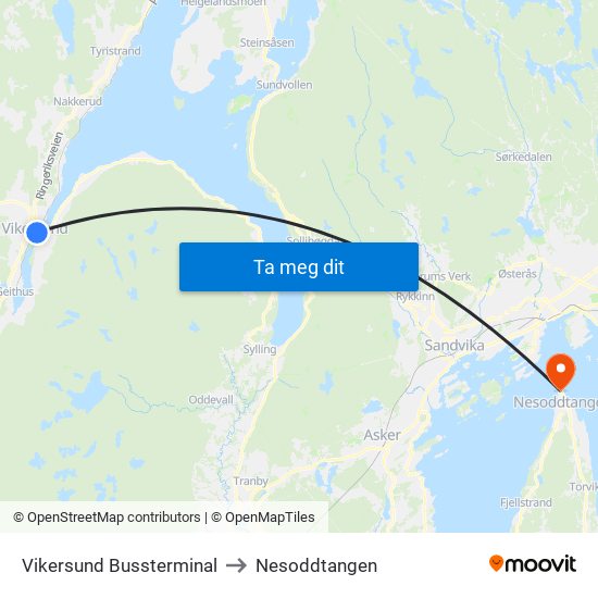 Vikersund Bussterminal to Nesoddtangen map