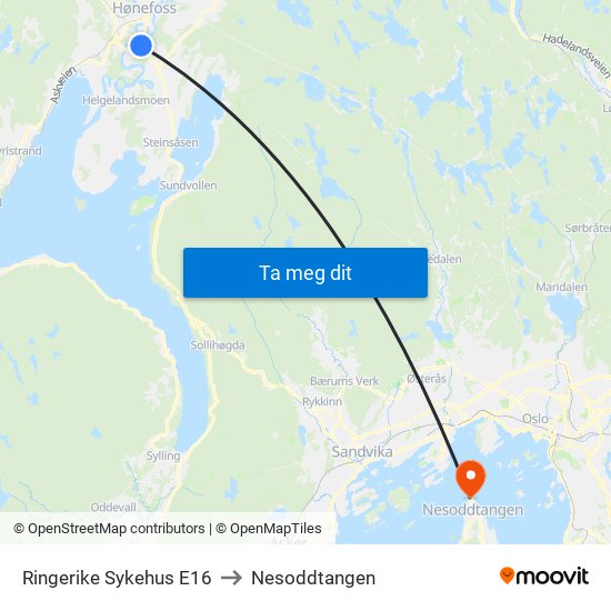 Ringerike Sykehus E16 to Nesoddtangen map