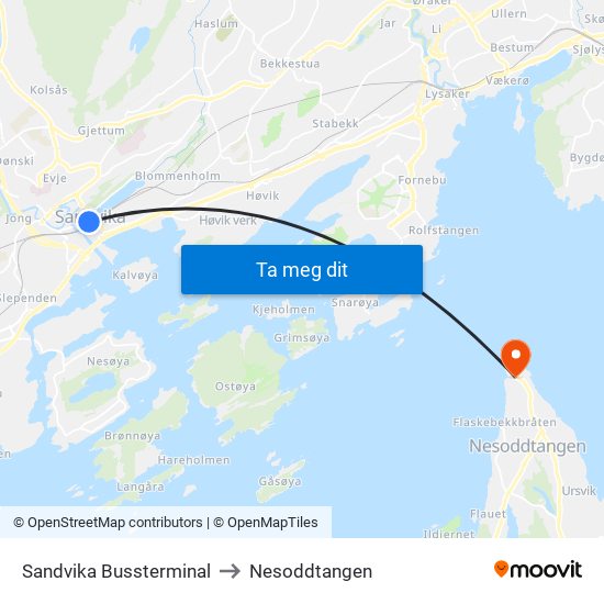 Sandvika Bussterminal to Nesoddtangen map