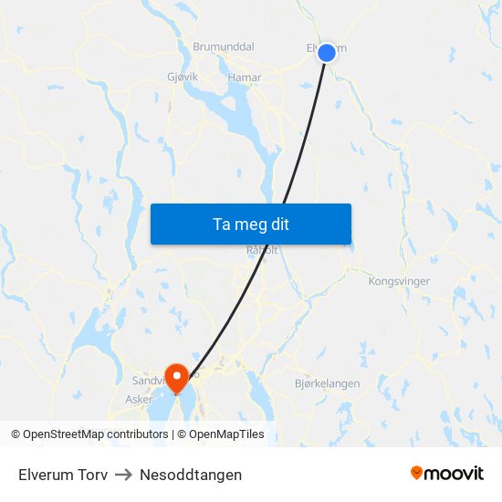 Elverum Torv to Nesoddtangen map