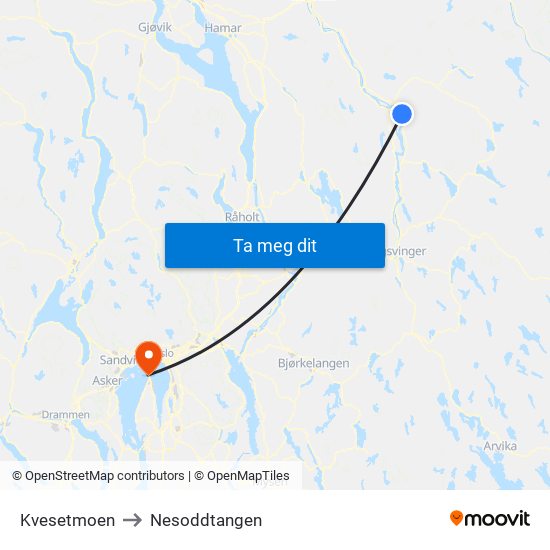 Kvesetmoen to Nesoddtangen map