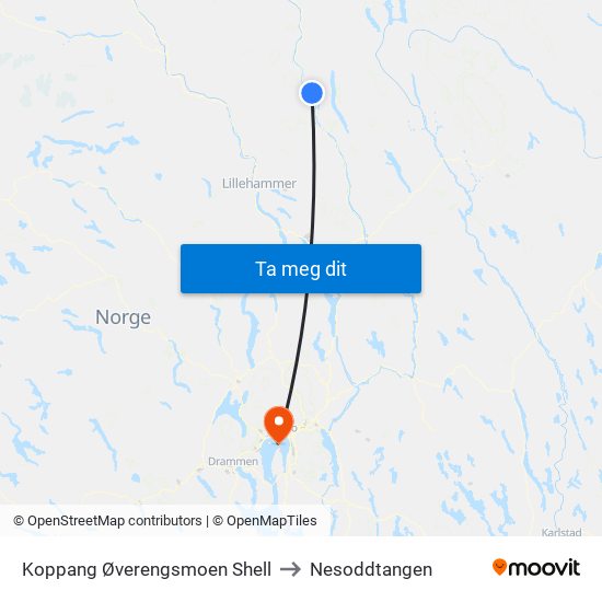 Koppang Øverengsmoen Shell to Nesoddtangen map