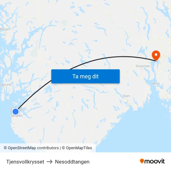 Tjensvollkrysset to Nesoddtangen map
