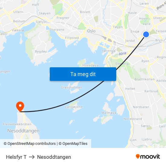 Helsfyr T to Nesoddtangen map