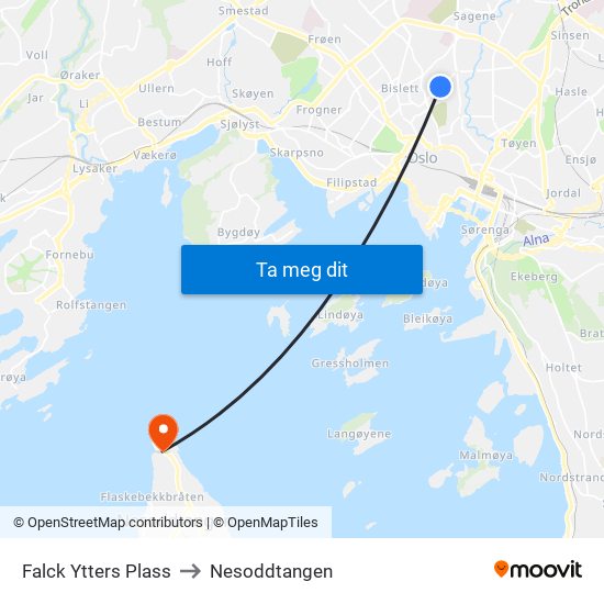 Falck Ytters Plass to Nesoddtangen map