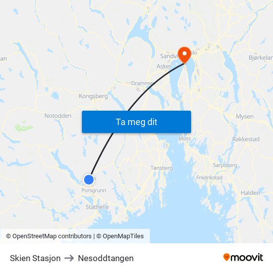 Skien Stasjon to Nesoddtangen map