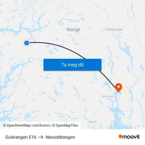 Gudvangen E16 to Nesoddtangen map