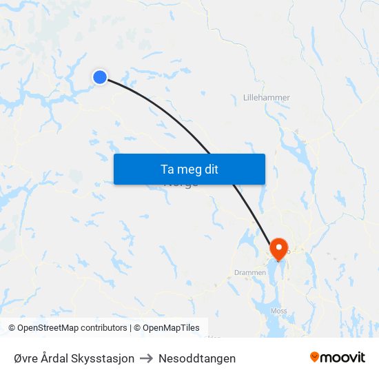 Øvre Årdal Skysstasjon to Nesoddtangen map