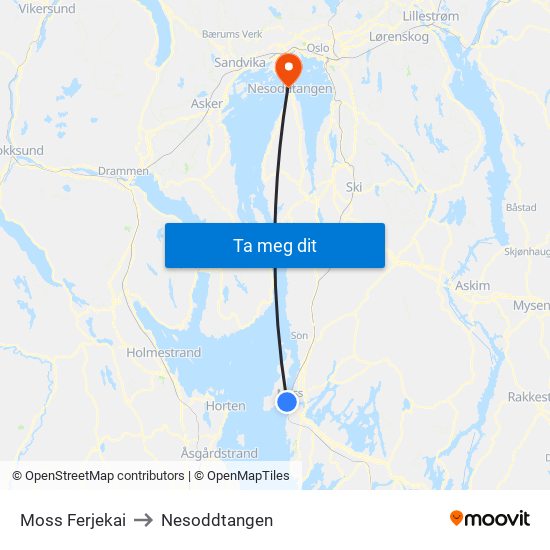 Moss Ferjekai to Nesoddtangen map