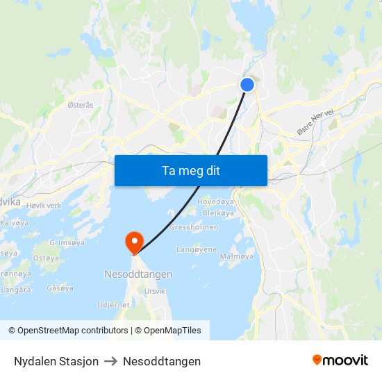 Nydalen Stasjon to Nesoddtangen map