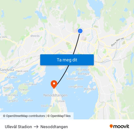 Ullevål Stadion to Nesoddtangen map