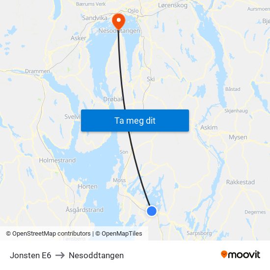 Jonsten E6 to Nesoddtangen map