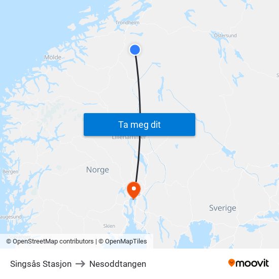 Singsås Stasjon to Nesoddtangen map