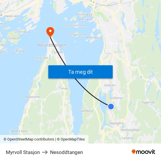 Myrvoll Stasjon to Nesoddtangen map