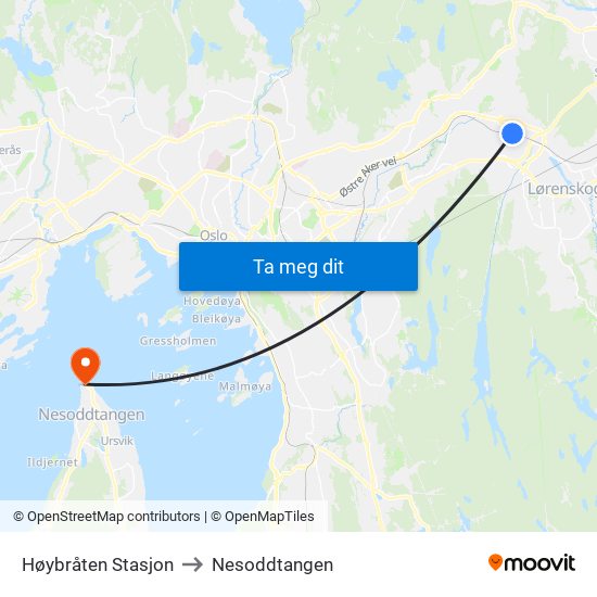 Høybråten Stasjon to Nesoddtangen map