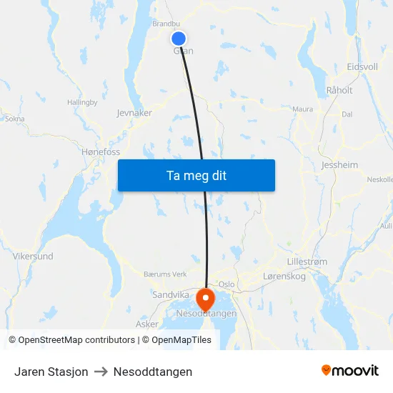 Jaren Stasjon to Nesoddtangen map