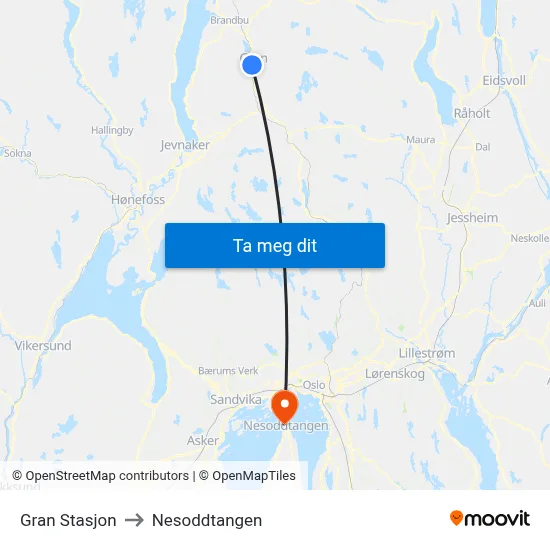 Gran Stasjon to Nesoddtangen map