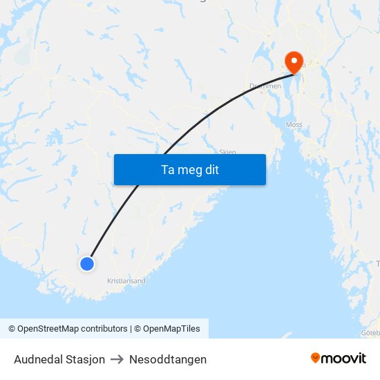 Audnedal Stasjon to Nesoddtangen map