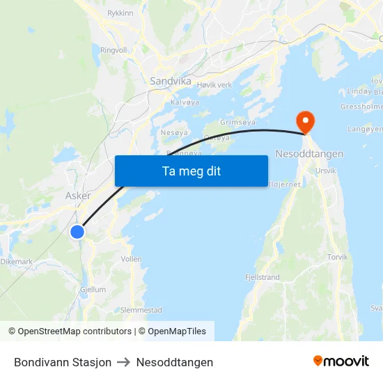 Bondivann Stasjon to Nesoddtangen map