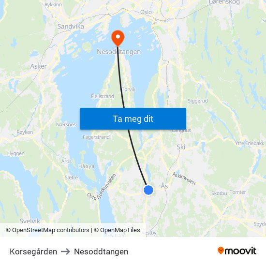 Korsegården to Nesoddtangen map