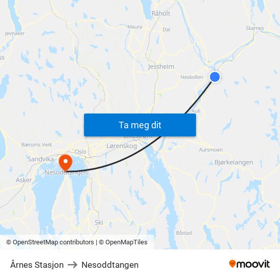 Årnes Stasjon to Nesoddtangen map